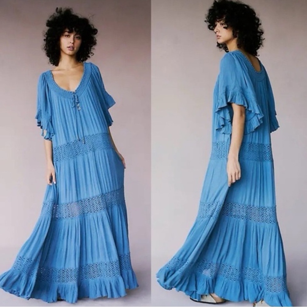 Free People Dream On Blue Maxi Dress XS Bohemian Oversized Coastal Beachy